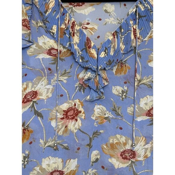 SILK Paige Women's Blue Floral Ruffle Sheer Blouse Top Size Small Flutter Sleeve - Picture 3 of 10